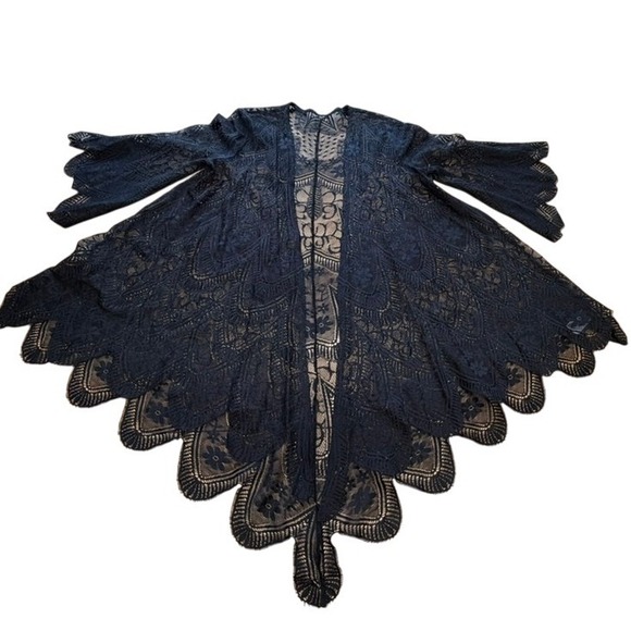 Target Sweaters - Black Lace Kimono Cardigan Sheer Floral Scalloped Handkerchief Hem OS Resortwear